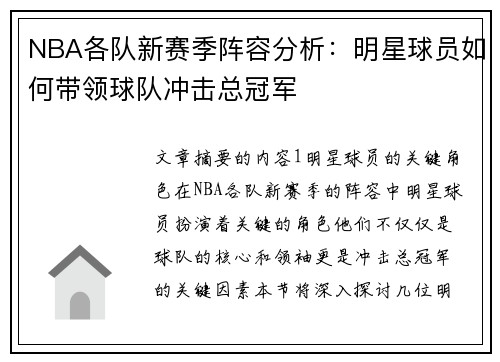 NBA各队新赛季阵容分析：明星球员如何带领球队冲击总冠军