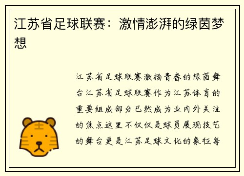 江苏省足球联赛：激情澎湃的绿茵梦想