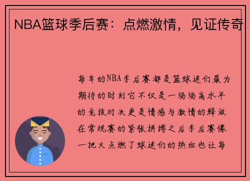 NBA篮球季后赛：点燃激情，见证传奇