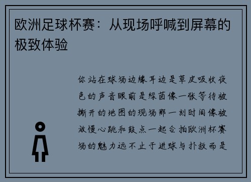 欧洲足球杯赛：从现场呼喊到屏幕的极致体验