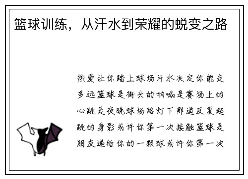 篮球训练，从汗水到荣耀的蜕变之路