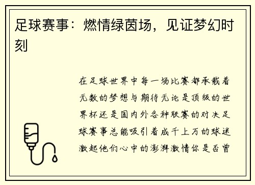 足球赛事：燃情绿茵场，见证梦幻时刻