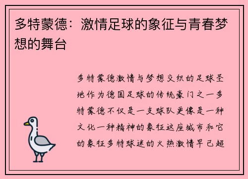 多特蒙德：激情足球的象征与青春梦想的舞台