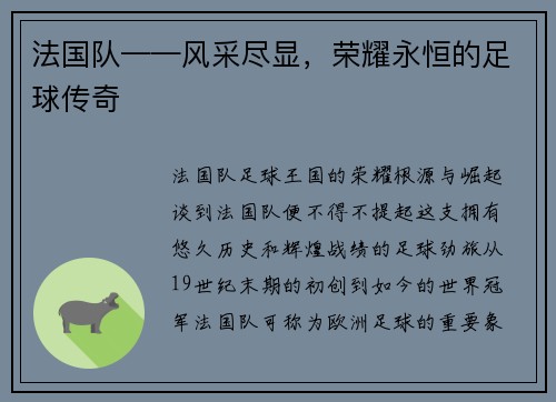 法国队——风采尽显，荣耀永恒的足球传奇